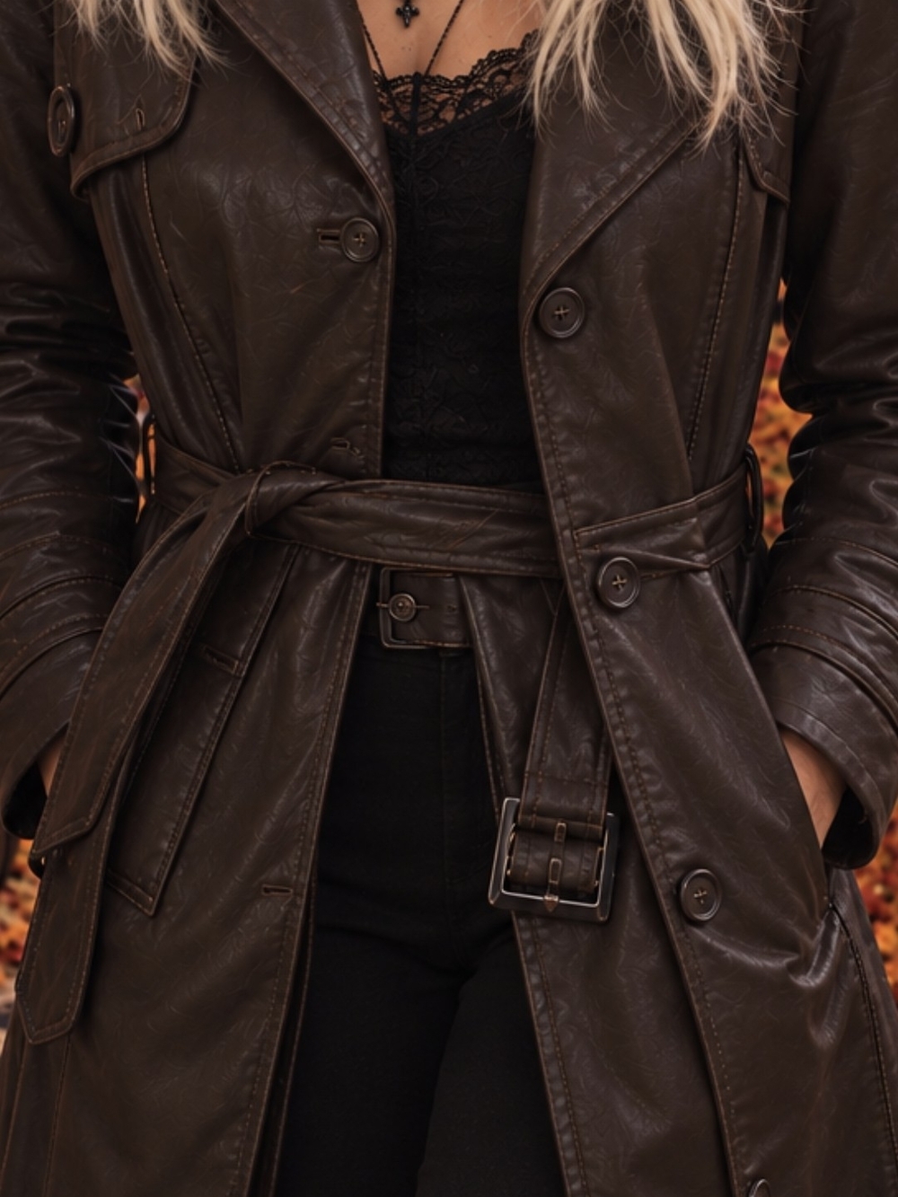 Women's Brown lambs Leatger Leather Trench Coat with Belt Vintage Unisex Men Med